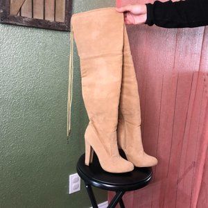 Knee high suede high heeled cream boots